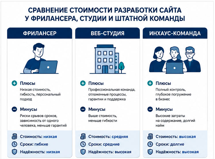 равнение стоимости разработки сайта у фрилансера, студии и штатной команды
