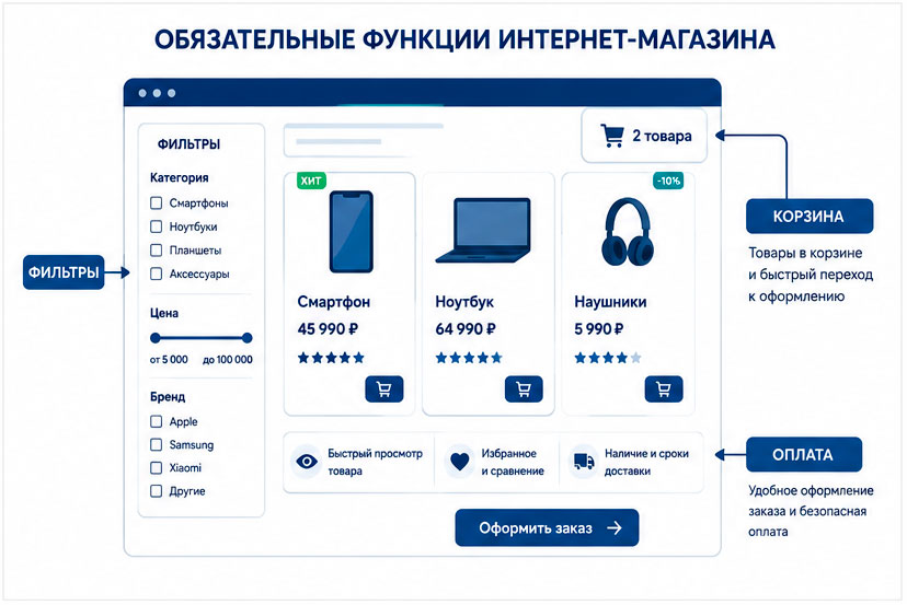 Обязательные функции интернет-магазина: карточка, фильтры, корзина, оплата